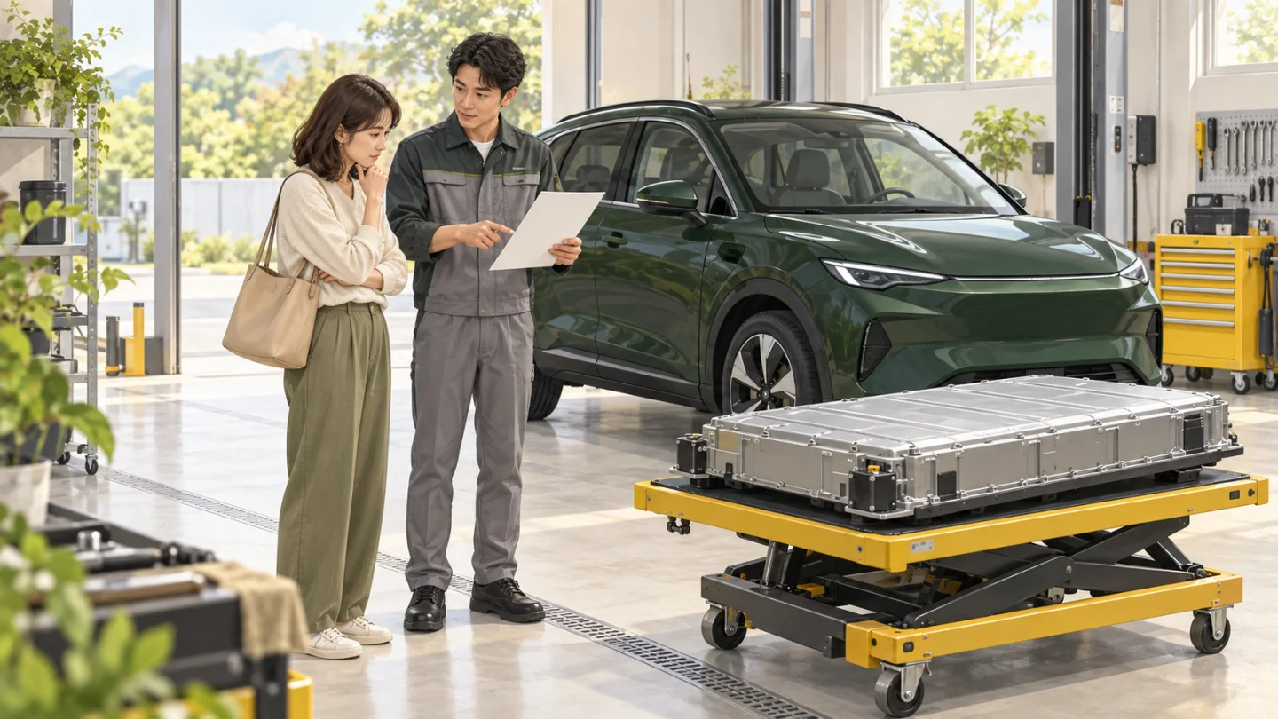 整備工場でEVのバッテリーと交換費用について相談するイメージ