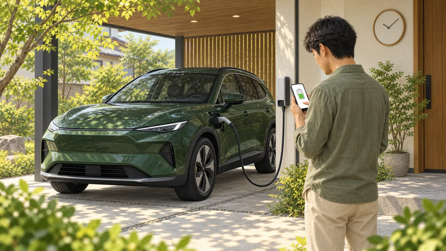 日陰の駐車場でEVの日常的な充電を管理するイメージ