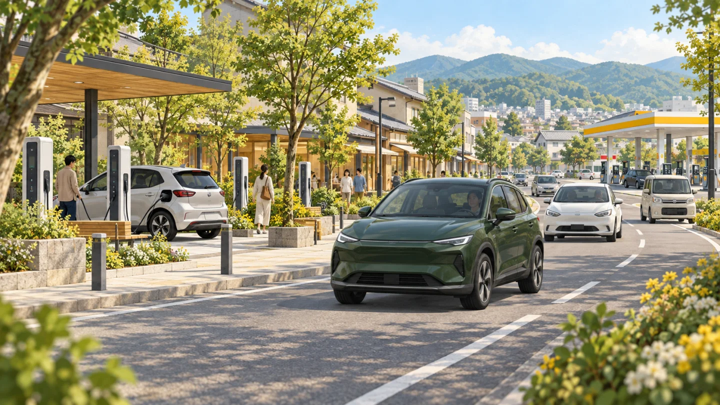 EVとさまざまな車が共存する街のイメージ