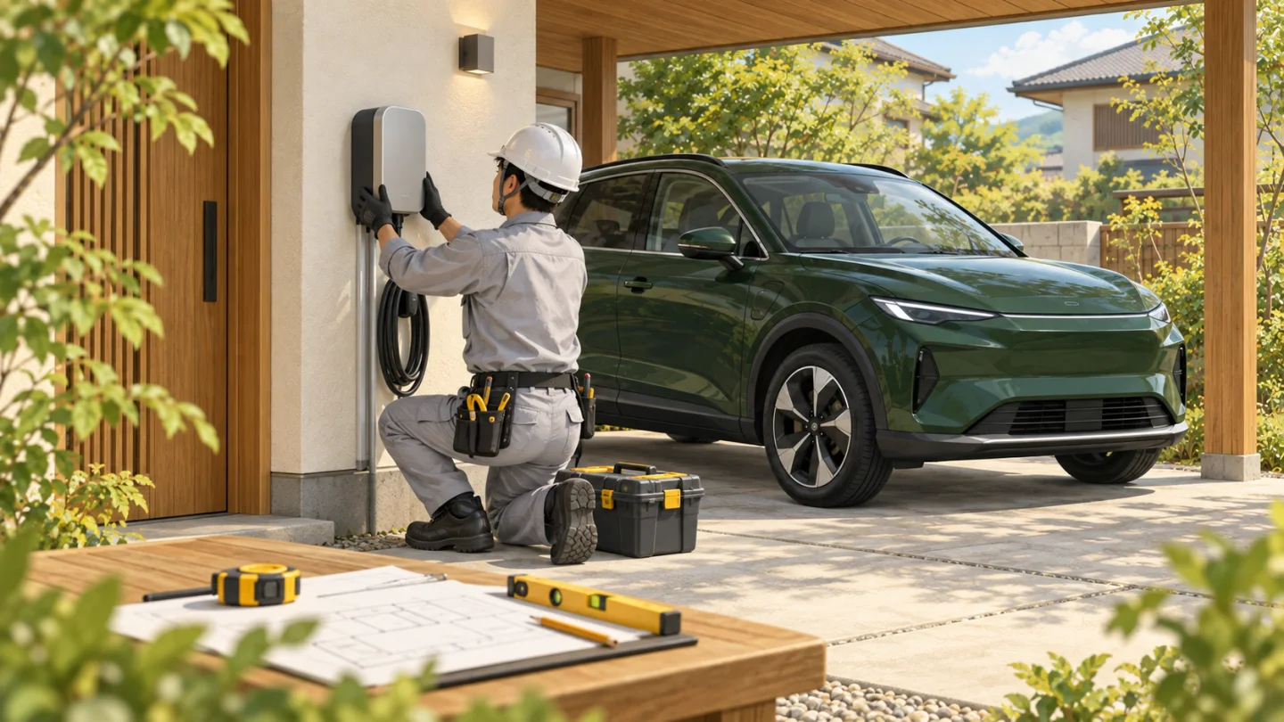戸建ての駐車場にEVの充電設備を設置するイメージ