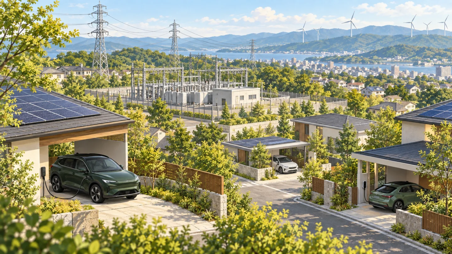EVの充電と住宅・電力網のつながりを描くイメージ