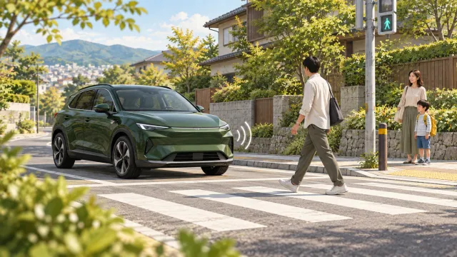 横断歩道の手前で歩行者を待つEV