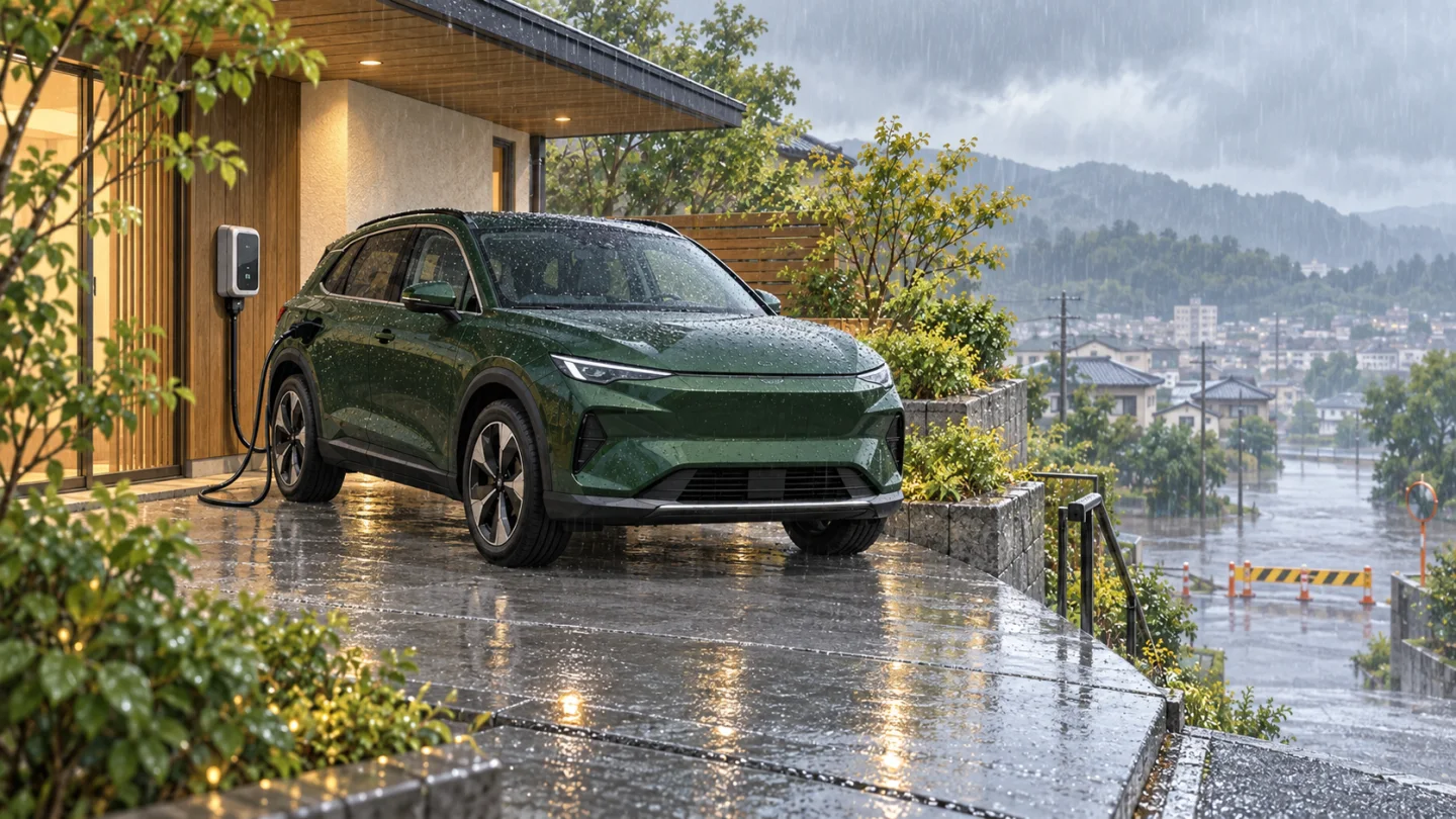 雨の日に安全な場所へ駐車したEVのイメージ